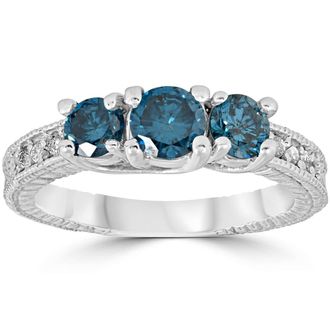 Pompeii3 1 Carat Treated Blue Diamond Vintage 3 Stone Ring 10K White Gold Size Selectable