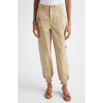 Cinq &agrave; Sept Rhinestone Paisley Embroidered Ankle Pants in Khaki at Nordstrom, Size 12