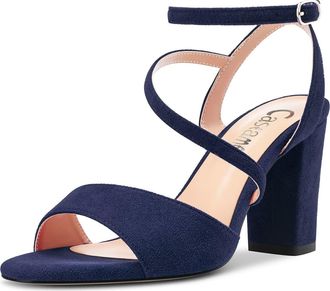 Castamere Women Chunky Block High Heel Peep Open Toe Ankle Strap Sandals Dress Wedding 8 CM Heels Navy Blue Suede 6.5 UK