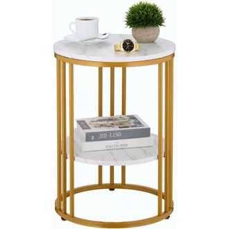 Relaxdays Relaxdays - Side Table, Marble Effect, 2 Tiers, HxD: 56 x 40 cm, Living Room, Coffee Rest for Sofa, Decor, White/Gold