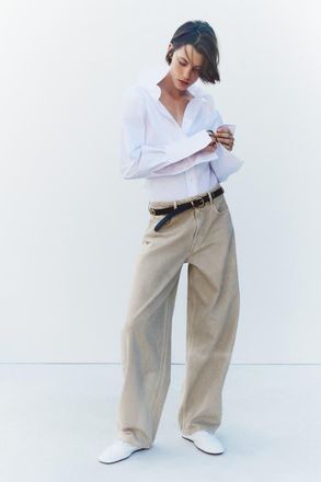 H&M Baggy Regular-waist Barrel Jeans in Light Beige at Nordstrom, Size 4