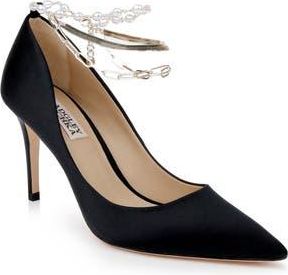 Badgley Mischka Verna Chain Ankle Strap Pointed Toe Pump in Black Satin at Nordstrom Rack, Size 7.5