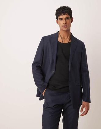 Mango Blazer in lino blu navy in coordinato