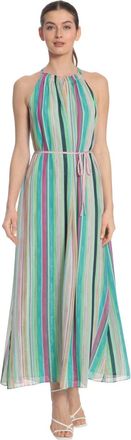 Maggy London Romy Dress Womens Green Striped Halter Neck Tie Waisted FROG489