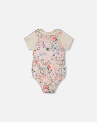 Deux par Deux Organic Cotton Jersey Bodysuit and Printed Berries Muslin Overall Set in White & Pink Printed Berries at Nordstrom, Size 18M
