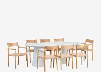 Sklum Set De Mesa Ovalada 220x95 Cm En Cemento Noemi Y 8 Sillas De Comedor En Madera De Roble Y Cuerda Trenzada Mara Sklum
