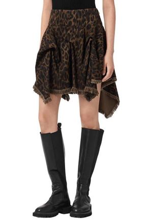 AllSaints Crissy Leopard Print Gathered Denim Skirt in Leapord Brown at Nordstrom, Size 10 Us