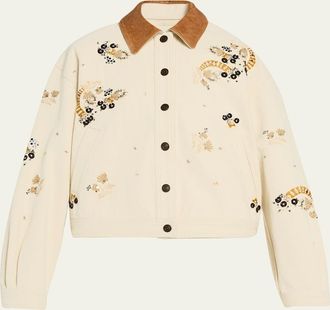 Isabel Marant Lavine Embroidered Cotton Leather-Collar Barn Jacket
