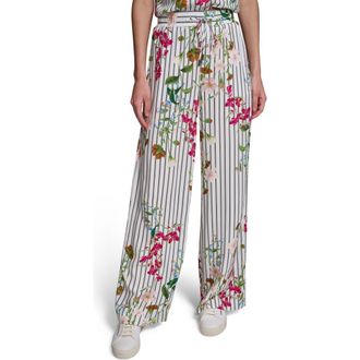 Karl Lagerfeld Stripe Flower Print Wide Leg Pants in Soft White Midnight Navy Multi at Nordstrom, Size X-Small