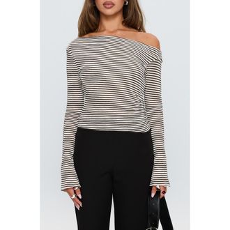 Princess Polly Synergies Stripe One-Shoulder Top in Brown /White Stripe at Nordstrom, Size 12