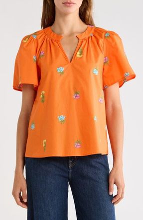 Sugarlips Mely Floral Puff Sleeve Cotton Top in Orange-Multi at Nordstrom, Size X-Small