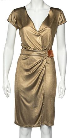Roberto Cavalli Gold Metallic Belt Detail Faux Wrap Dress
