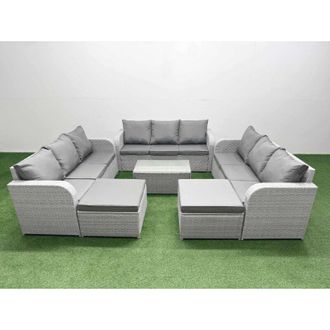 Fimous Pe Rattan Lounge Sofa Set 11 Seater Outdoor Garden Furniture Set with Rectangular Coffee Table 3 Seater Sofa 2 Big Footstools 2 Side Table Light Grey
