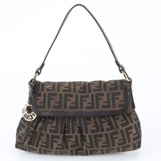 Fendi Brown Leather Canvas Handbag Shoulder Bag Tote Bag (Pre-Owned)