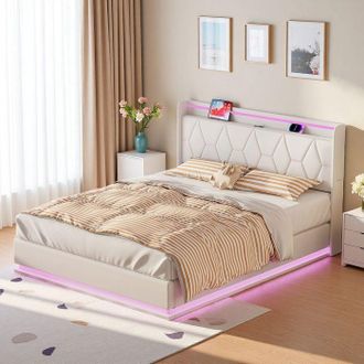 OEM Cama Hidr&aacute;ulica 160x200 Cm - Cama Cofre Doble Para Adultos Con Led En 3 Lados Y Usb - Tejido De Lino De Terciopelo Blanco Moderno, Almacenamiento Hidr