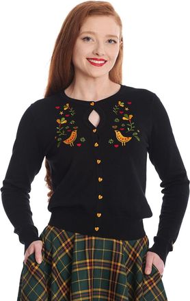Banned Heritage Birdy Cardigan Retro Vintage Embroidery Long Sleeve Knit Keyhole, Black, L