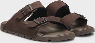 HUGO BOSS Mens BOSS Orange Surfley Mens Twin-Strap Slides with Branded Buckles - Dark Brown 201 - Size: 12