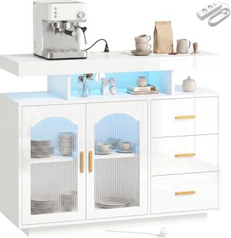 HOMCOM Homcom Aparador Con Led Rgb De 7 Colores, Tomas Y Puertos Usb, 3 Cajones, Estantes Abiertos, 2 Puertas De Acr&iacute;lico, Blanco Brillante, 100x35x80 Cm