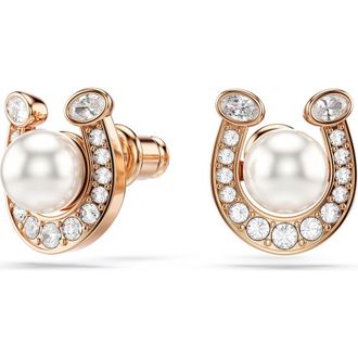 Swarovski Symbolica Swarovski Faux Pearl Horseshoe Stud Earrings in Rose Gold/White at Nordstrom