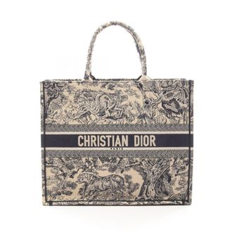 Dior Beige Navy Canvas Leather Handbag Tote Bag (Pre-Owned)