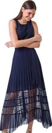 Roman Womens Pleated Lace Detail Midi Dress - Blue - Size 18 UK