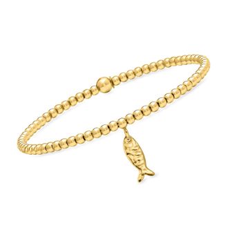 RS Pure by Ross-Simons Italian 3mm 18kt Gold Over Sterling Bead Stretch Bracelet With Fish Charm