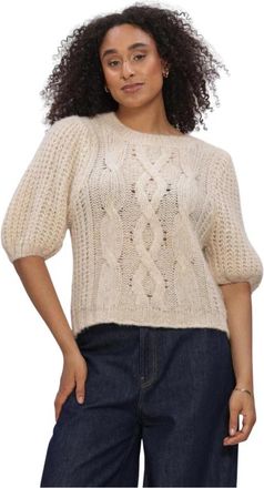 Summum Trui met kabelpatroon en pofmouwen - Dames - Ronde hals truien - Beige - S - Truien & Vesten