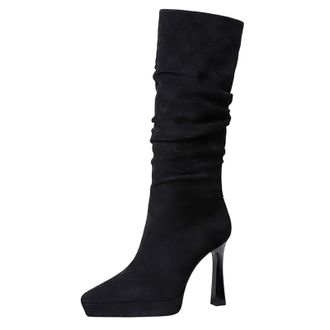 Generic High Boots Women Faux Suede Stiletto 11.5CM Lift Pleated Knee-high Fashion Long Tall Boots Fashion Long Tall Winter (Black,4.5)