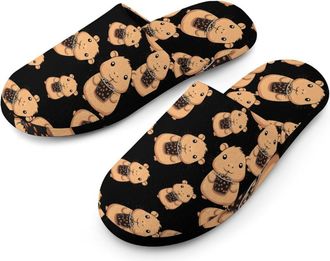 Generic Capybara Is Drinking Tea Mens Flannel Slipper Soft Comfy House Shoes Non Slip Winter Warm Indoor Outdoor Slippers