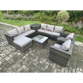 Fimous Fimous Outdoor Rattan Garden Furniture Set 9 Seater Patio Lounge Sofa Set with 2 Armchairs Side Table Square Coffee Table Big Footstool Dark Grey