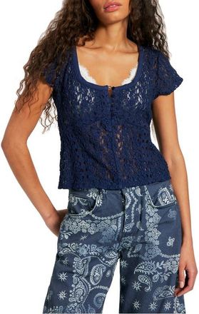 Free People Claro Semi Sheer Lace & Tulle Top in Navy Academy at Nordstrom, Size X-Small