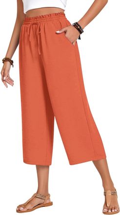 Generic Cropped Trousers For Women UK Casual Summer Linen Trousers Elasticated Waist Lightweight 3/4 Length Capri Pants With Pockets Wide Leg Lounge Holiday B