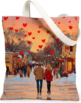 Generic Winter Heart Canvas Tote Bags, Vintage Romantic Design Reusable Grocery Bags, Lightweight Washable Shoulder Strap Canvas Fo, Red, 13x15 Inch