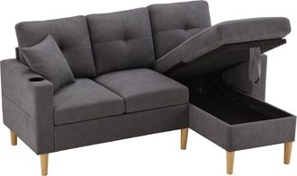 STILVORA Sof&aacute; Esquinero 3 Plazas En Algod&oacute;n Lino Con Chaise Longue De Almacenamiento, 2 Portavasos, Bolsillo Lateral Y 2 Cojines, Gris Oscuro