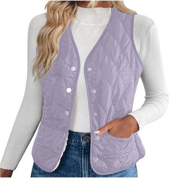 Generic Gilet for Women Fleece Lined Vest Sleeveless Button Down V Neck Jacket Sherpa Fluffy Thermal Waistcoat Lightweight Body Warmer Outdoor Vest Cozy Quilt