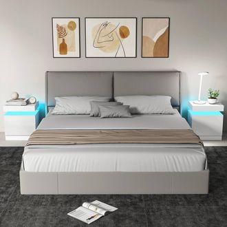 HOMCOM High Gloss Bedside Table with LED Light & 2 Drawers, Set of 2, White