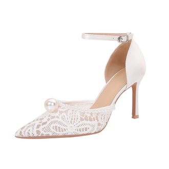 Generic Women Pointed Toe Stiletto High Heels 8.5CM White Lace Tulle Pearls Wedding Evening Party Ankle Strap-Numeric_10_Point_5