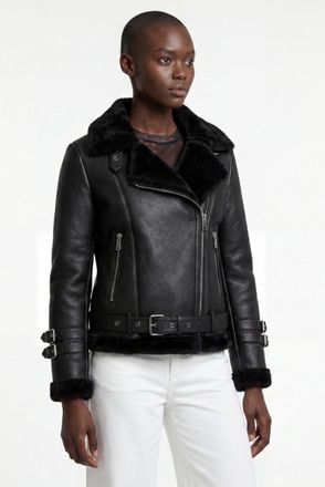 Elle Womens Ines Faux-Shearling Biker Jacket Black - Size Medium