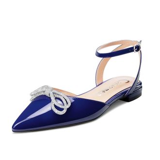 Castamere Women Low Heel Pointed Toe Ankle Strap Flats Shoes Pumps Court Shoe Rhinestone Crystal Prom Party 1 CM Heels Navy Blue 10.5 UK