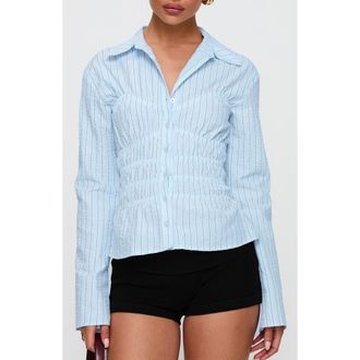 Princess Polly Lisel Stripe Shirred Button-Up Shirt at Nordstrom, Size 4