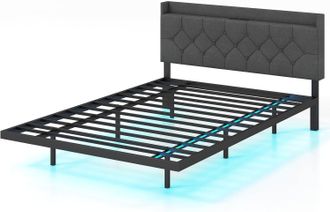 Costway Costway - Estructura Cama Flotante 140x200cm, Cama Doble Con Luces Led, Cabecera Tapizada Ajustable Y Estaci&oacute;n De Carga, Cama Matrimonio, Gris