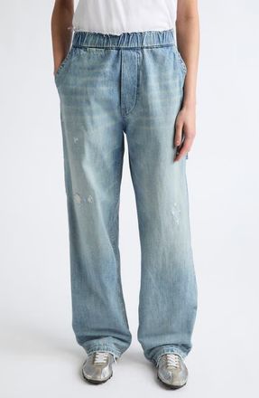 Maison Margiela Distressed Fray Waist Wide Leg Carpenter Jeans in Blue at Nordstrom, Size 40