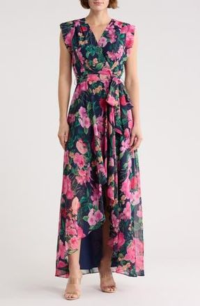 Eliza J Obi Floral Cap Sleeve High-Low Maxi Dress in Navy Multi at Nordstrom Rack, Size 10