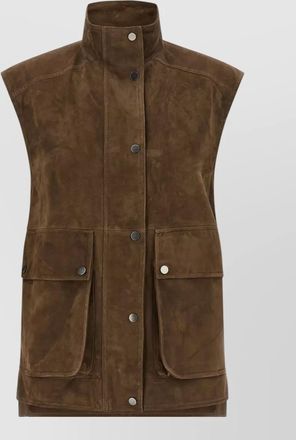 Brunello Cucinelli suede vest front pockets high collar