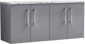 Nuie Nuie Arno Wall Hung 4-Door Vanity Unit with Carrera Marble Worktop 1200mm Wide - Satin Grey