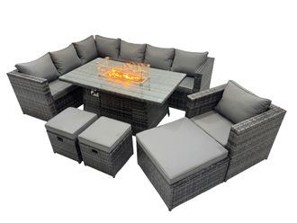 Fimous Rattan Garden Furniture Dining Set 10-seater with 3 Stool in Dark Grey