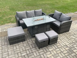 Fimous Garden Patio Furniture Wicker Rattan Gas Fire Pit Table & Sofa Chair set with 3 Footstools Dark Grey Mixed