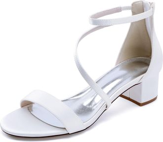 Generic Low Heels Satin Bridal Shoes Womens Block Heels Wedding Shoes Open Toe Ankle Strap Heels Sandals 4.5Cm,White,10 UK