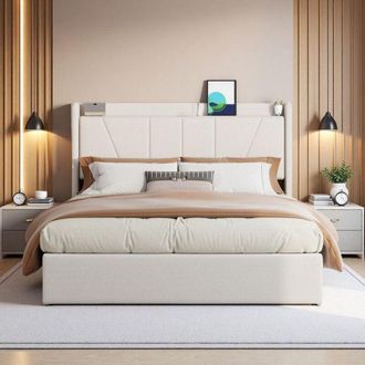 OEM Cama Doble 140x200cm - Cama Cofre Hidr&aacute;ulica - Almacenamiento Integrado - Carga Usb/tipo-c - Tejido Lino Beige