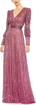 Mac Duggal Sequin Mesh Wrap Over Bishop Sleeve A-Line Gown